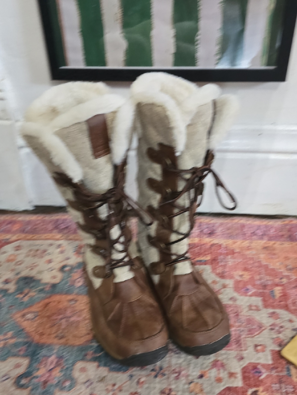 Global Win Brown and Cream Faux-Shearling Lace-Up Winter Boots